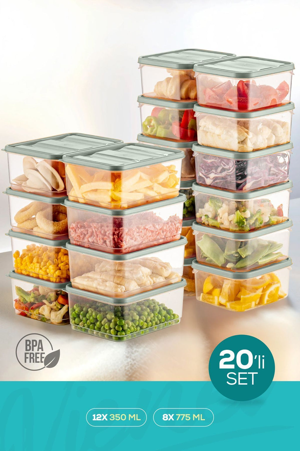Mikrodalga ve Difrize Uygun 20 Parça Buzdolabı Düzenleyici Organizer Saklama Kabı Seti Mint