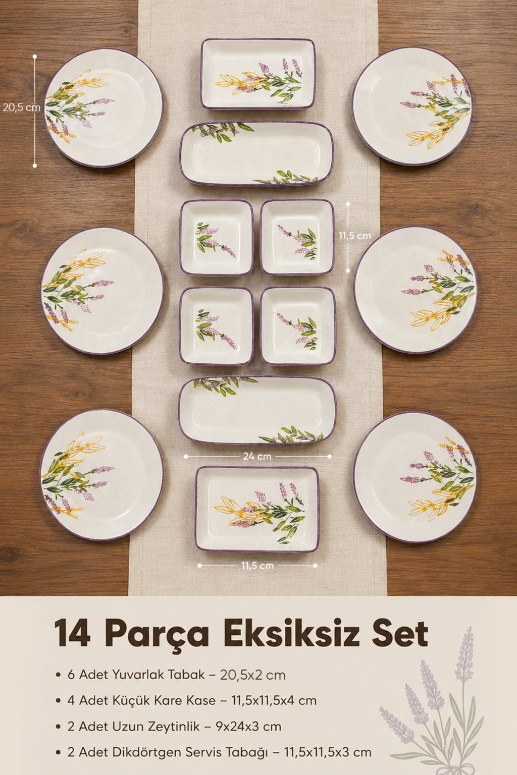 14 Parça 6 Kişilik Lavanta Desen Seramik Kahvaltı Takım Seti