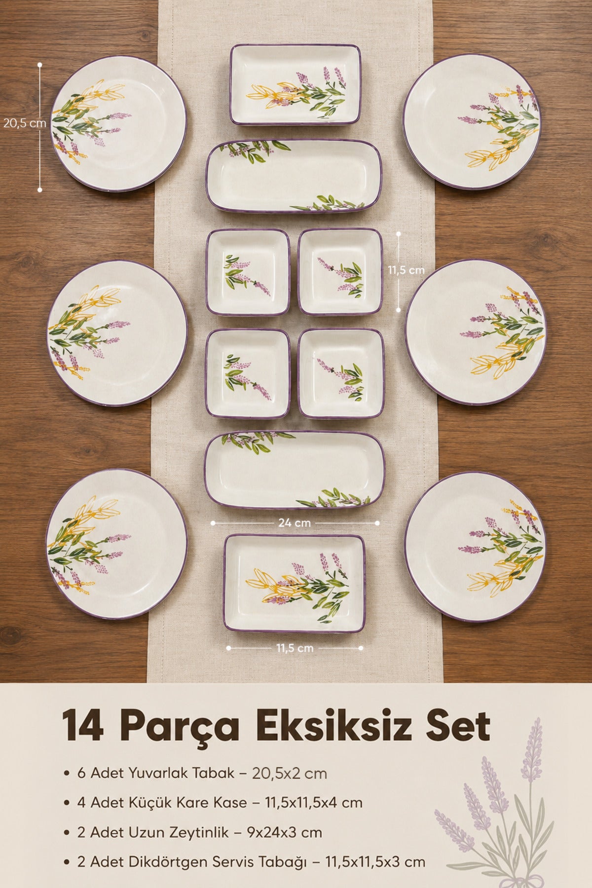 14 Parça 6 Kişilik Lavanta Desen Seramik Kahvaltı Takım Seti