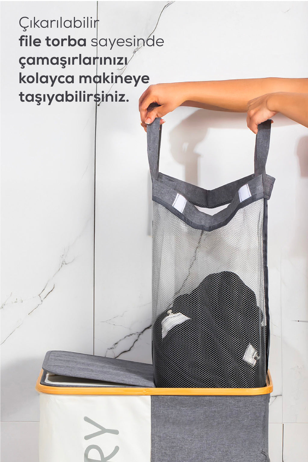 İki Bölmeli Çamaşır Sepeti - Çift File Torbalı