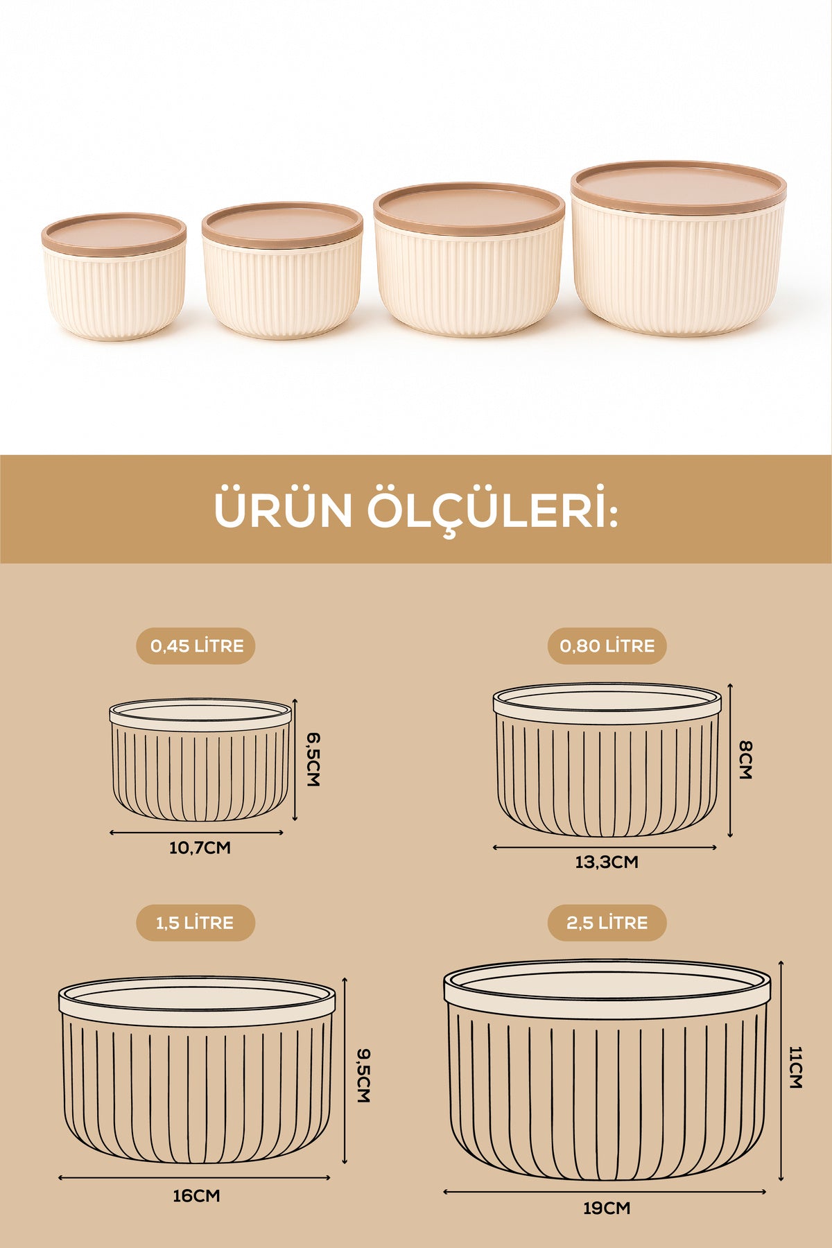 16'lı Çizgili Yuvarlak Saklama Kabı Seti Bej