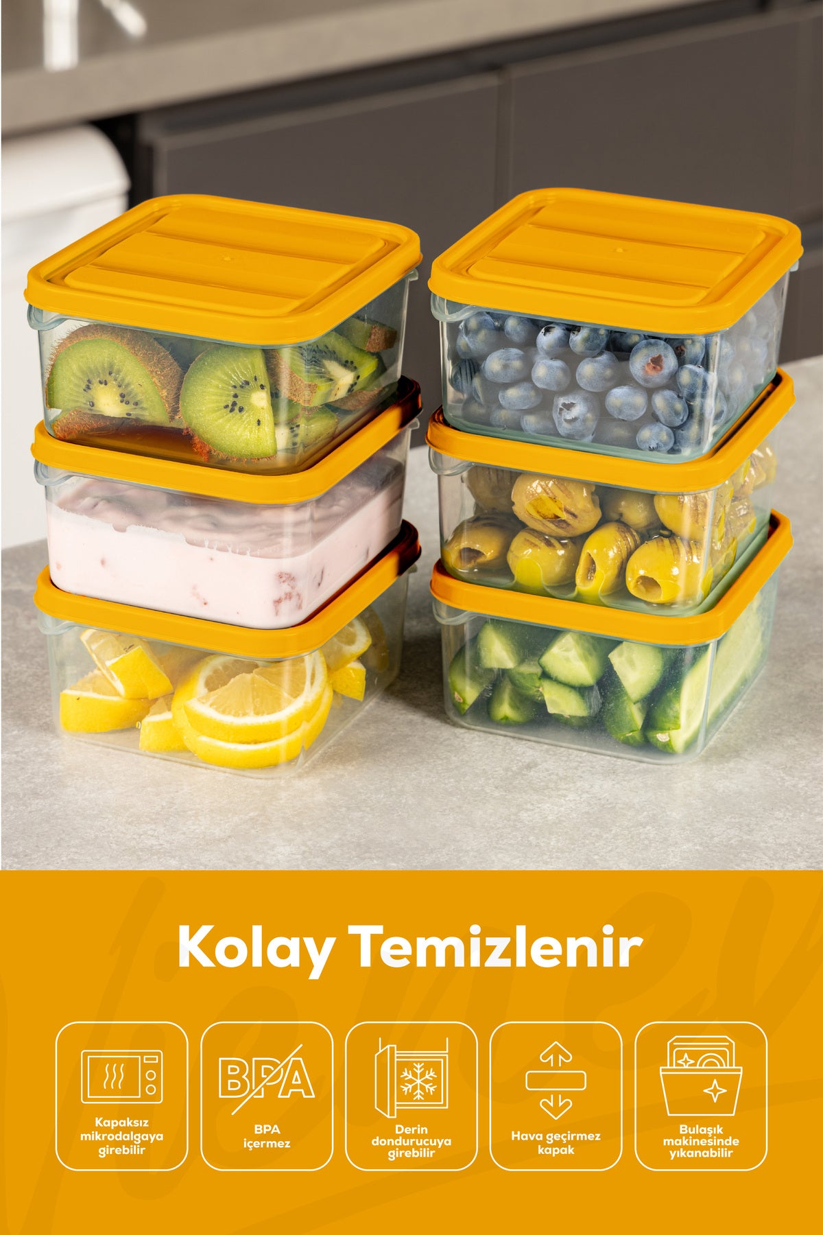 6'lı 350 ml Buzdolabı Dondurucu Organizer Mikrodalga Ve Difrize Uygun Saklama Kabı Turuncu