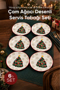 6'lı Süslü Çam Ağacı Desenli Yuvarlak Servis Tabağı 25 cm Tatlı Sunum Servis Tabağı 6 Kişilik