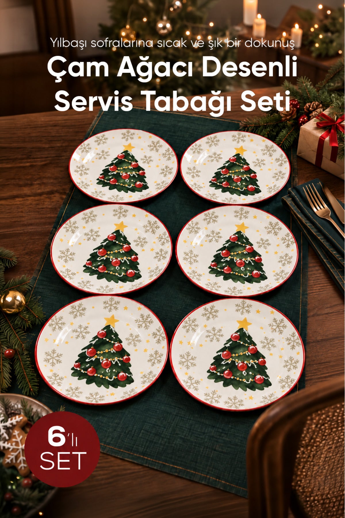 6'lı Süslü Çam Ağacı Desenli Yuvarlak Servis Tabağı 25 cm Tatlı Sunum Servis Tabağı 6 Kişilik