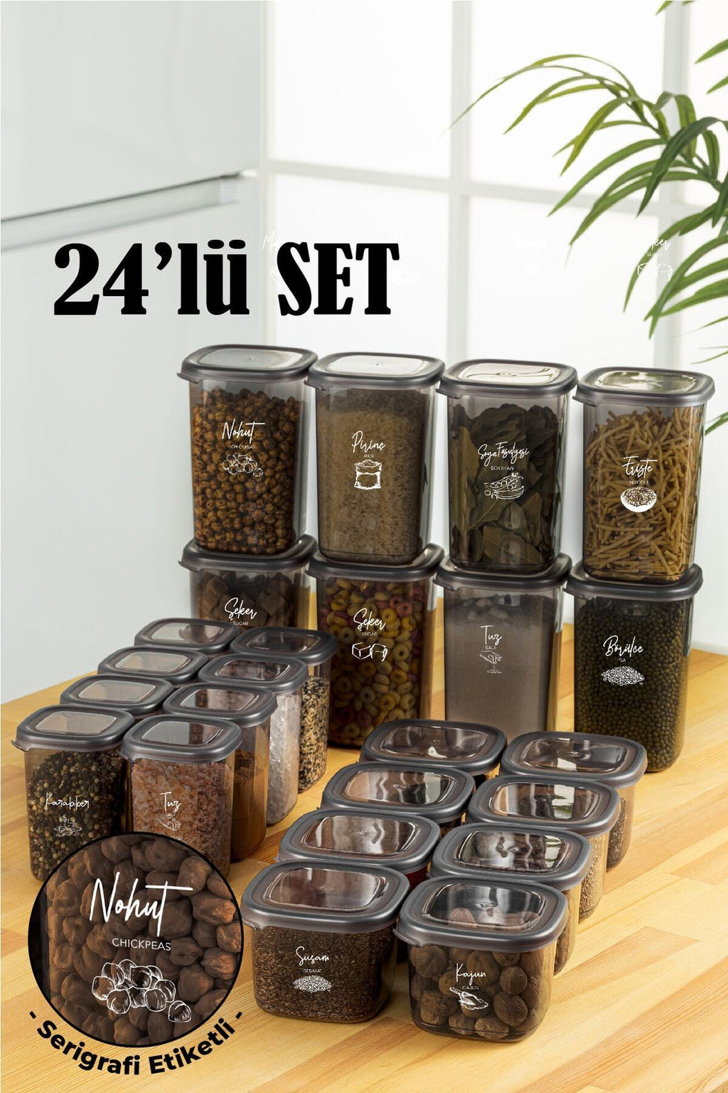 Beyaz Serigrafi Etiketli 24lü Peggy Kare Erzak Ve Baharat Full Set 8x(1,2, 0,55, 0,45) Ant