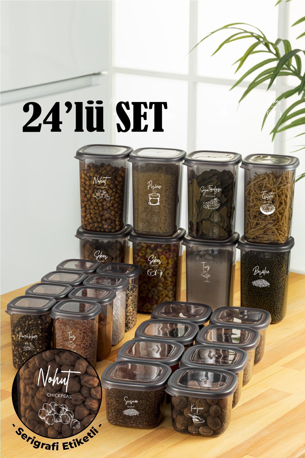 Beyaz Serigrafi Etiketli 24lü Peggy Kare Erzak Ve Baharat Full Set 8x(1,2, 0,55, 0,45) Ant