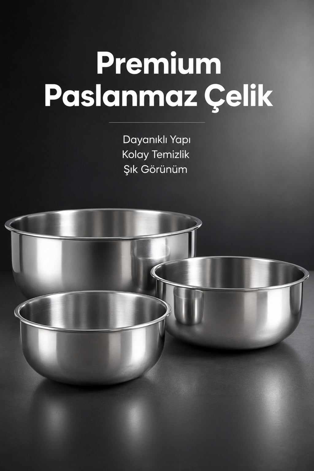 3'lü Paslanmaz Çelik Karıştırma Kabı Seti - 1200-2500-4000 ml Metal Kase Takımı
