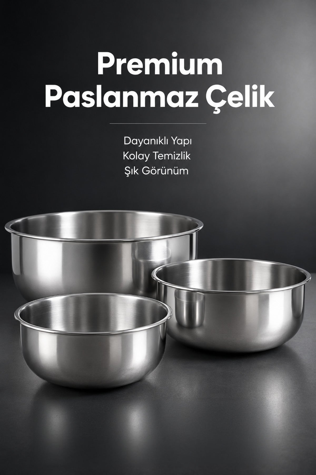 3'lü Paslanmaz Çelik Karıştırma Kabı Seti - 1200-2500-4000 ml Metal Kase Takımı