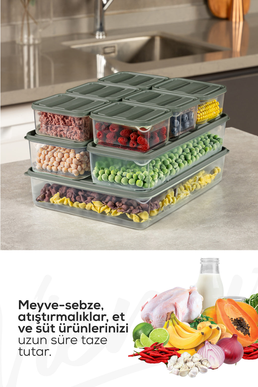 9'lu Buzdolabı Dondurucu Organizer Ve Saklama Kabı Yeşil 6x(350ML) 2x(1,65LT) 1x(3,5LT)