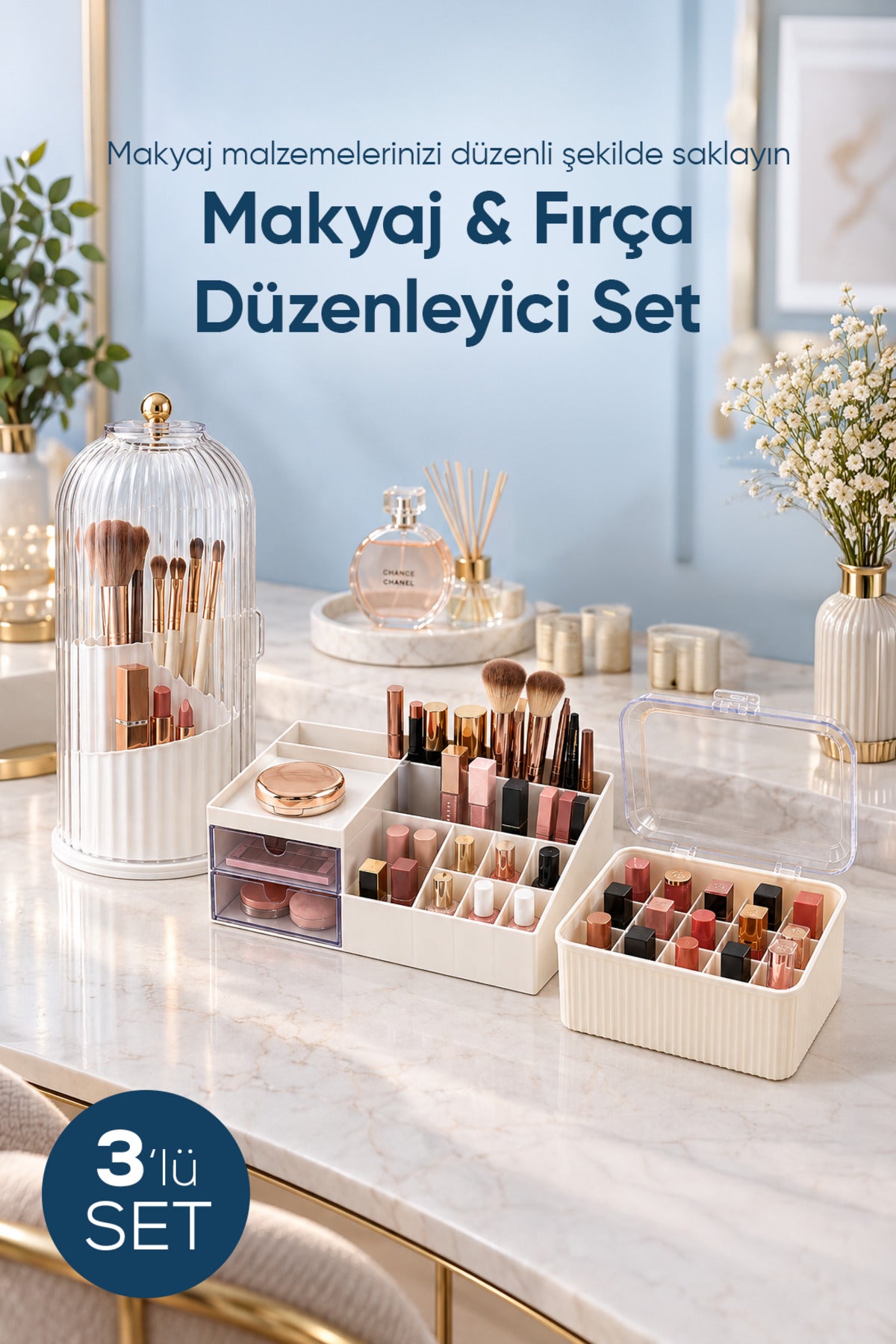 3'lü Makyaj Düzenleyici Seti Fanus Kapaklı Fırçalık, 11 ve 15 Bölmeli Çekmeceli Kozmetik Organizer