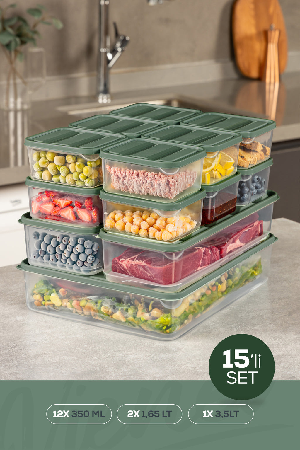 15'li Buzdolabı Dondurucu Organizer Ve Saklama Kabı Yeşil 12x(350ML) 2x(1,65LT) 1x(3,5LT)