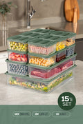 15'li Buzdolabı Dondurucu Organizer Ve Saklama Kabı Yeşil 12x(350ML) 2x(1,65LT) 1x(3,5LT)