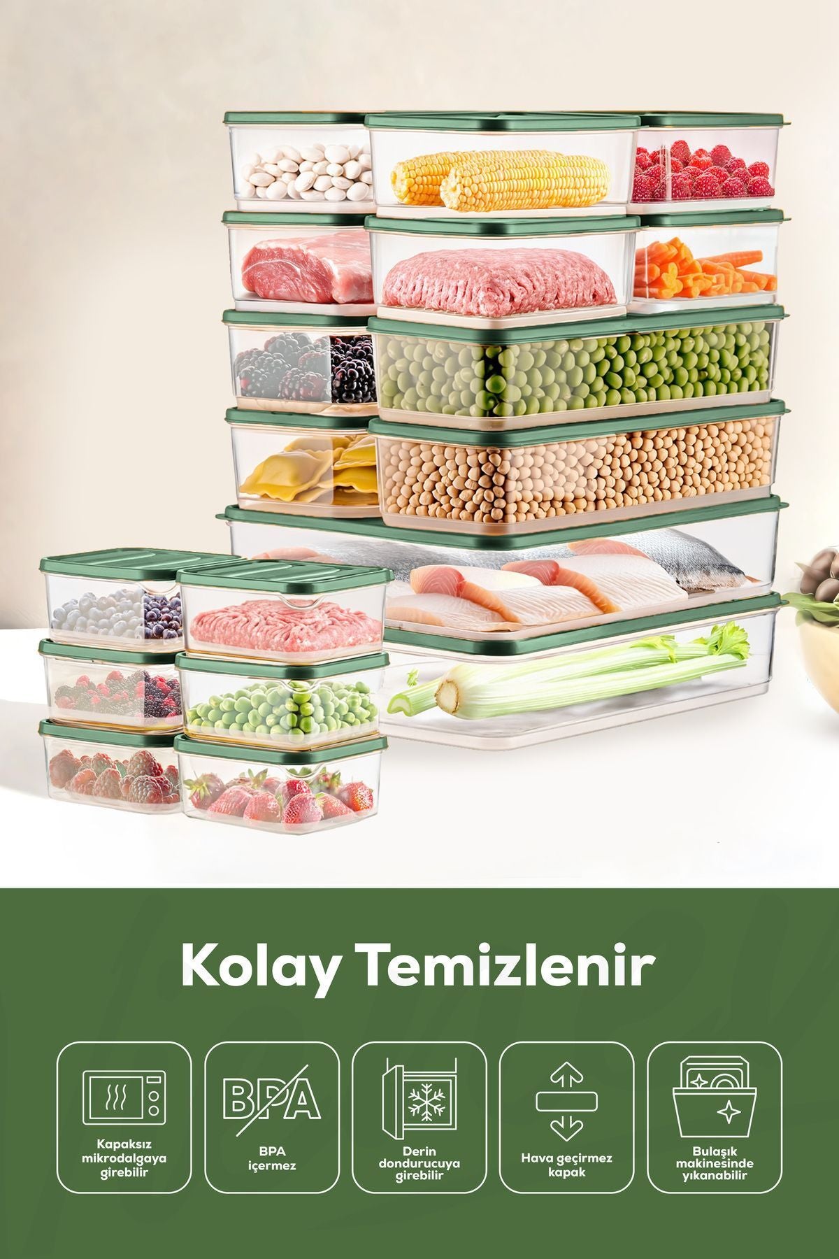 20'li Buzdolabı Düzenleyici Organizer Mikrodalgaya Uygun Difriz Saklama Kabı Yeşil