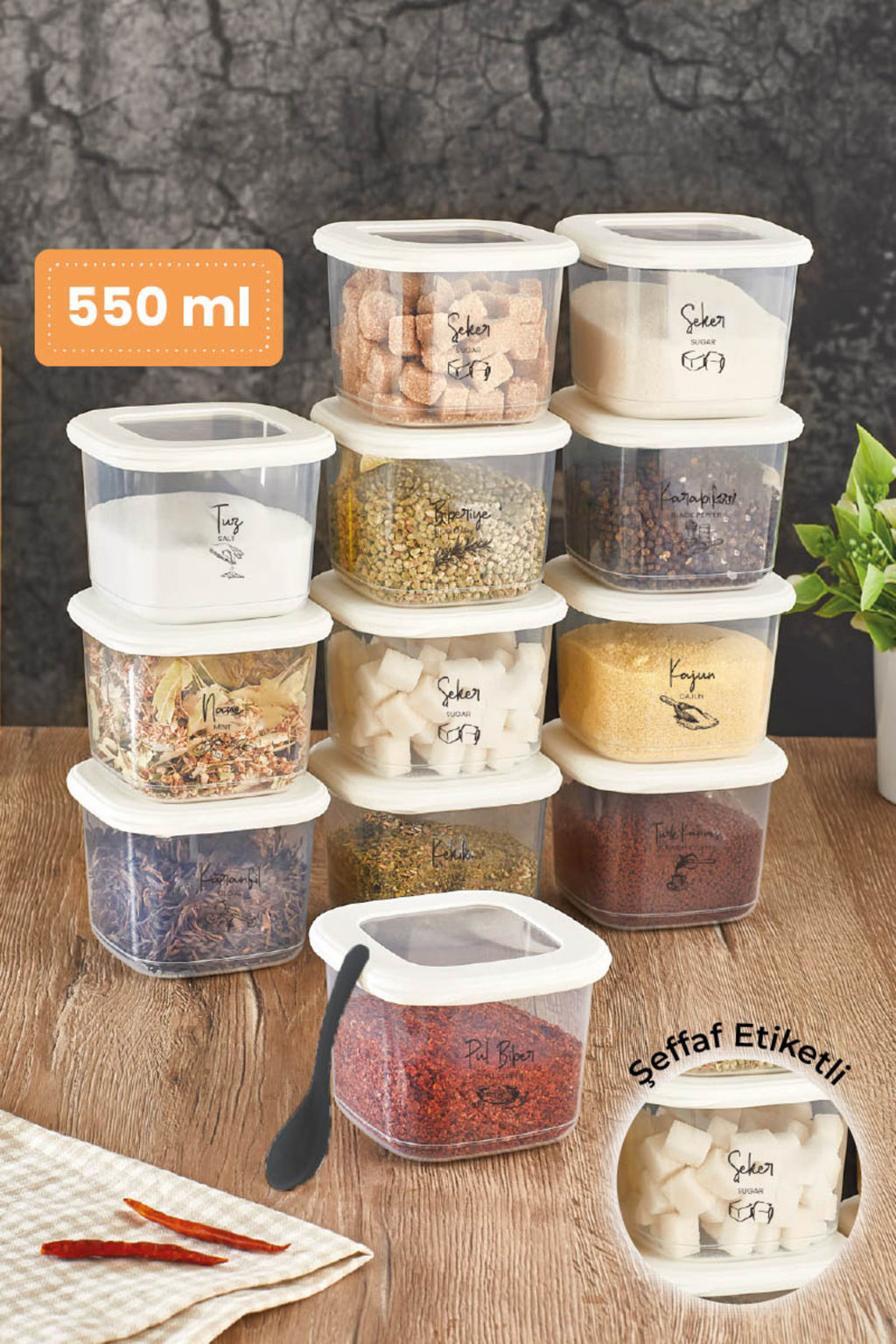 Siyah Serigrafi Etiketli Kaşıklı Foly Baharat Saklama Kabı 12'li Set Küçük Boy 0,55 Litre Beyaz
