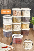 Siyah Serigrafi Etiketli Kaşıklı Foly Baharat Saklama Kabı 12'li Set Küçük Boy 0,55 Litre Beyaz