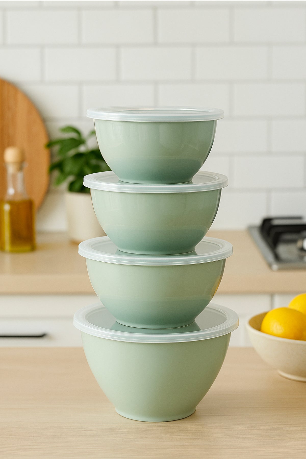4’lü Yuvarlak Kase Seti Mint Yeşili | 1l, 1.5l, 2.3l, 3.3l | Kapaklı Çok Amaçlı Mutfak Saklama Kabı