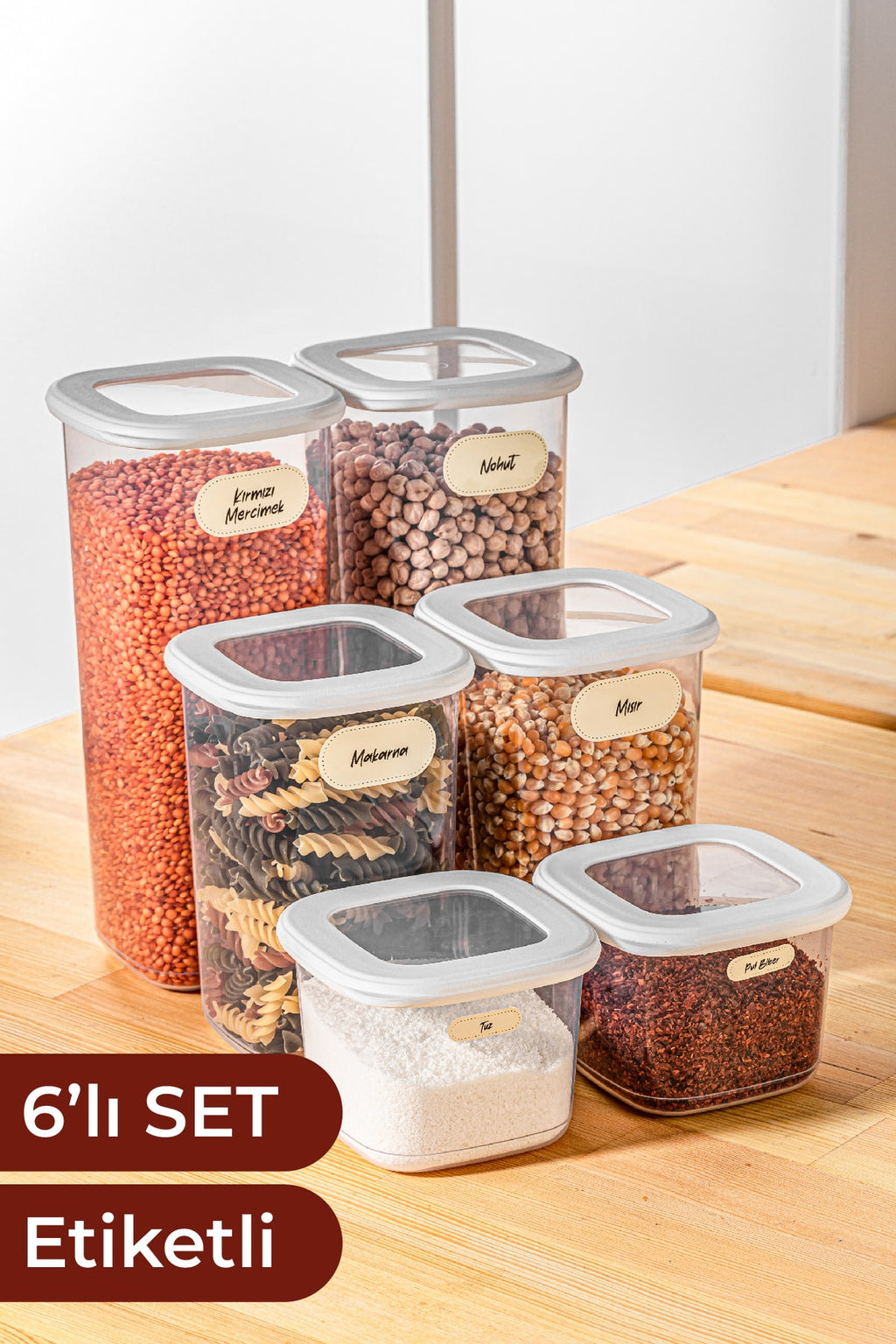 Etiketli Kare Erzak Saklama Kabı 6'lı Set 2x(0,55 Litre, 1,2 Litre, 1,75 Litre) Beyaz