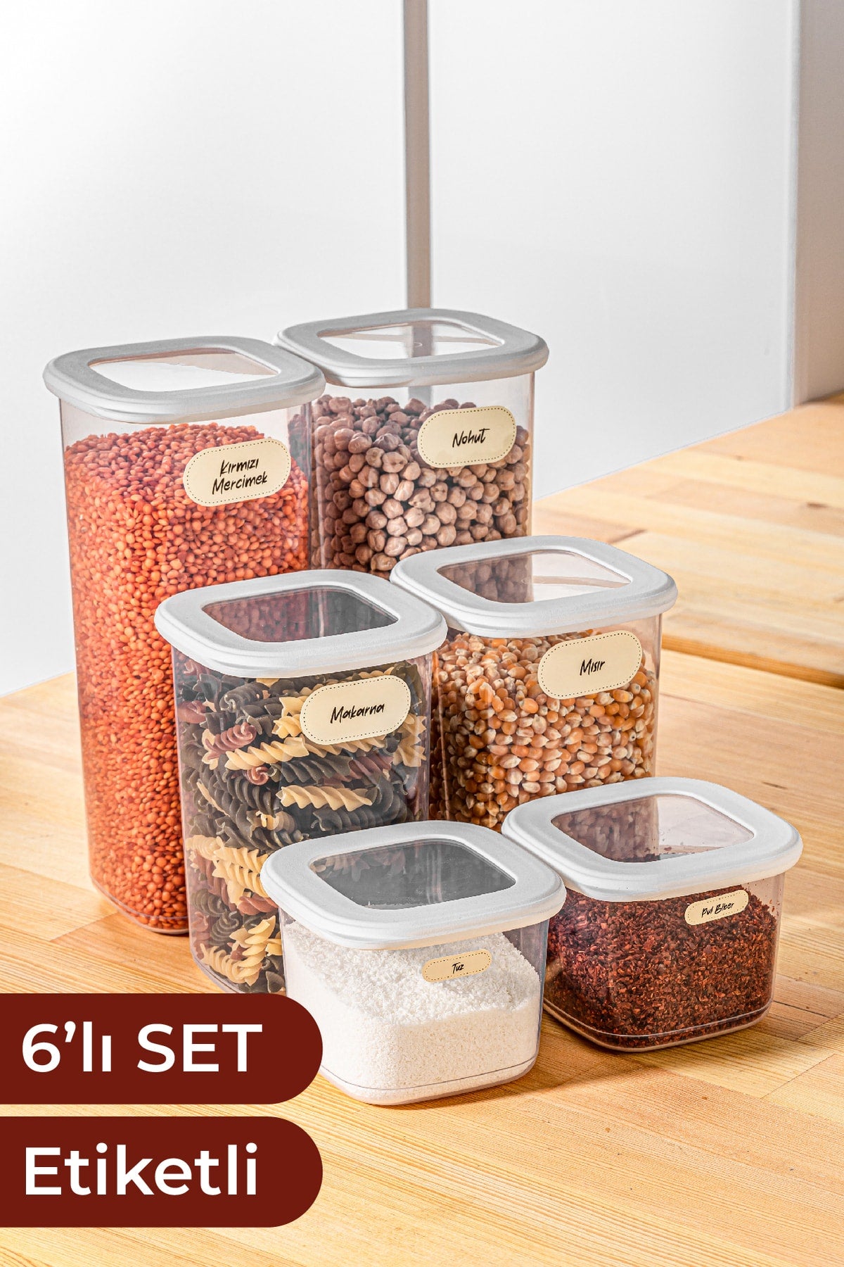 Etiketli Kare Erzak Saklama Kabı 6'lı Set 2x(0,55 Litre, 1,2 Litre, 1,75 Litre) Beyaz