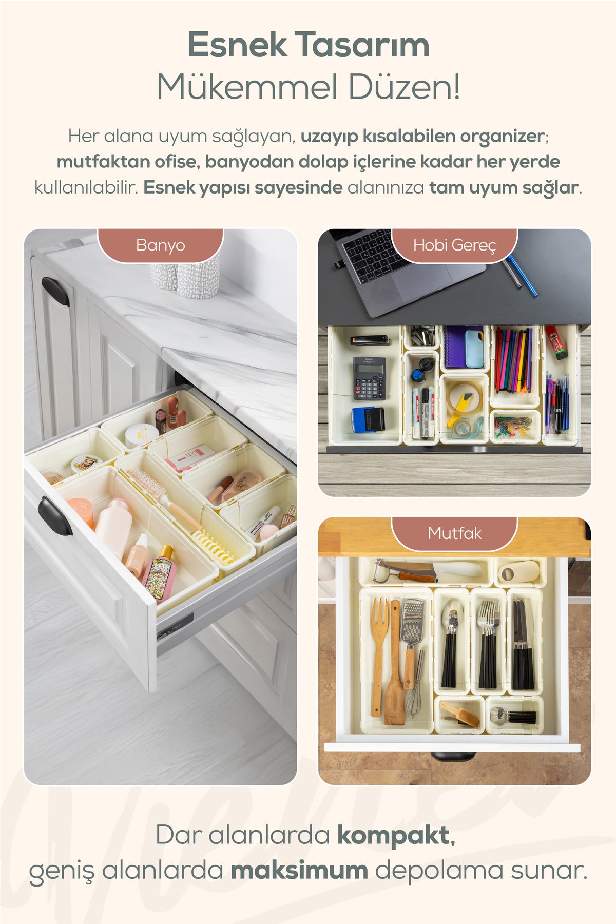 6'lı Set Ayarlanabilir Çekmece Içi Düzenleyici Kutu – Uzayıp Kısalabilen Organizer Seti (3A1B1C1D)
