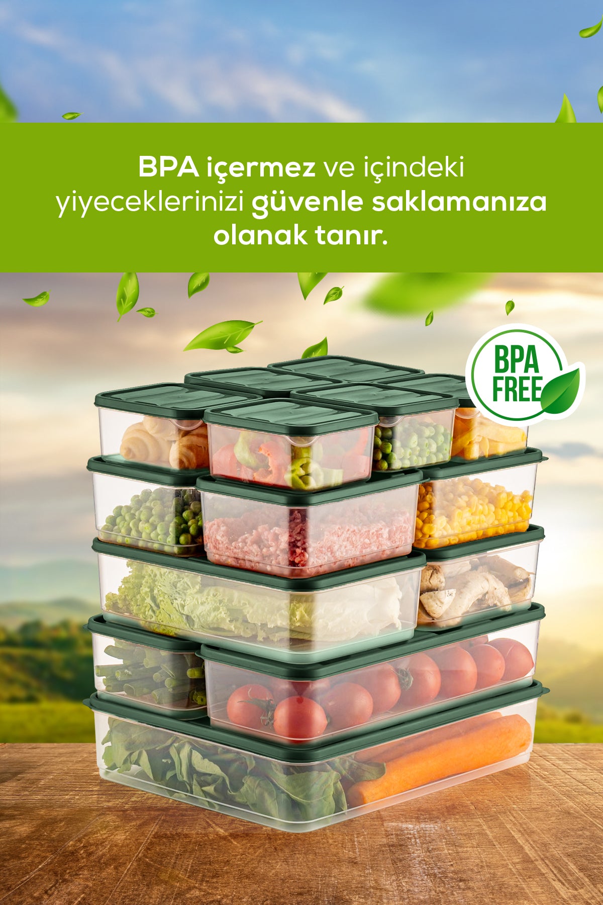 15'li Buzdolabı Düzenleyici Organizer Mikrodalgaya Uygun Difriz Saklama Kabı Yeşil