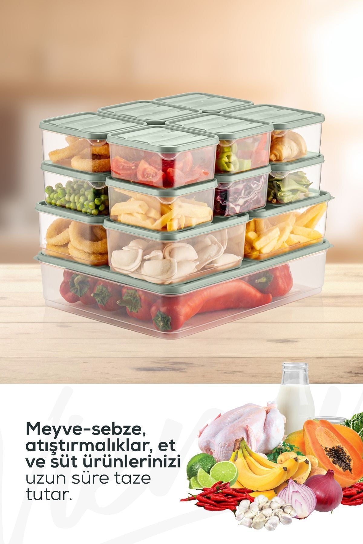 17'li Buzdolabı Düzenleyici Organizer Mikrodalgaya Uygun Difriz Saklama Kabı Mint