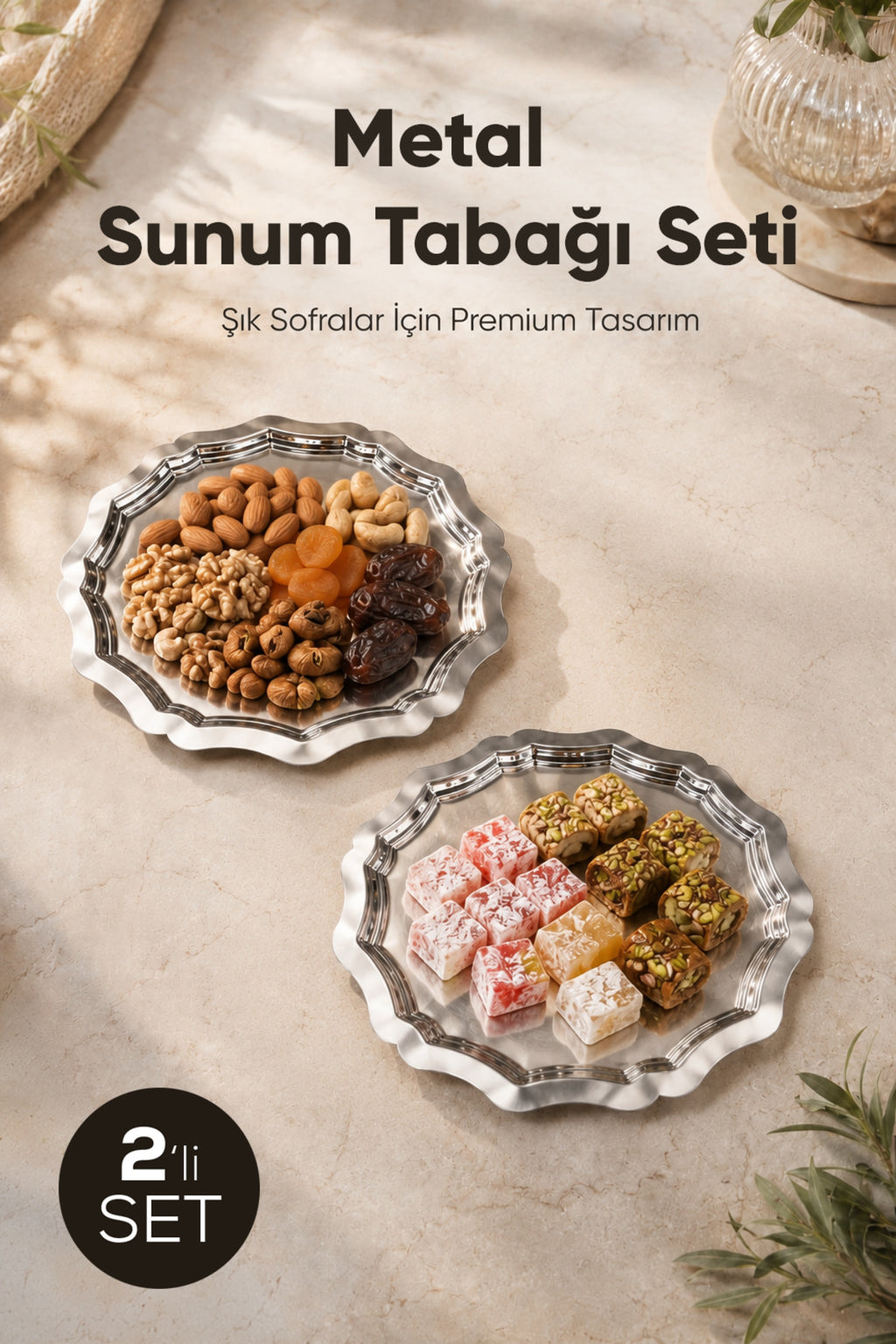 2'li Metal Sunum Tabağı Seti 24 cm - çiçek dekor sunum tepsi