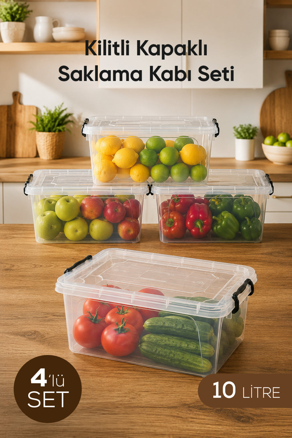 4'lü Kilitli Kapak Saklama Kabı Seti 10 Lt Şeffaf Dikdörtgen Mikrodalga Uyumlu Saklama Kutusu