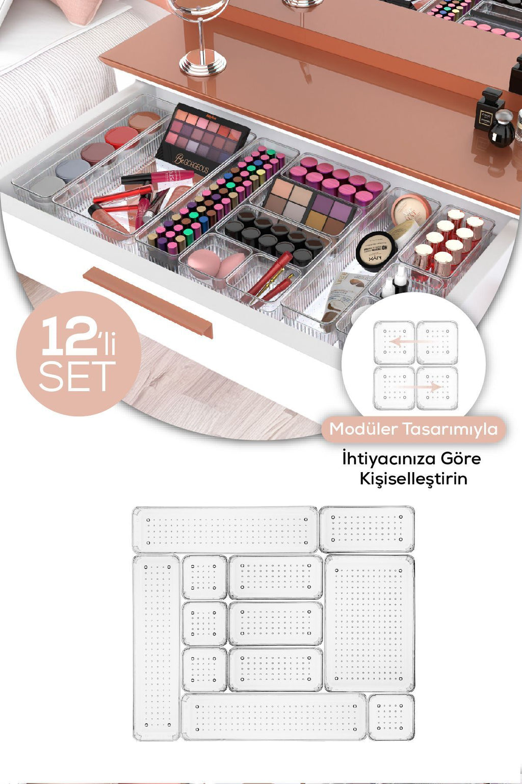 12'li Şeffaf Çekmece Içi Düzenleyici Organizer 3x(D.DKDRTGN) 4x(K.DKDRGN,K.KARE) 1x(O.DKDRGN)