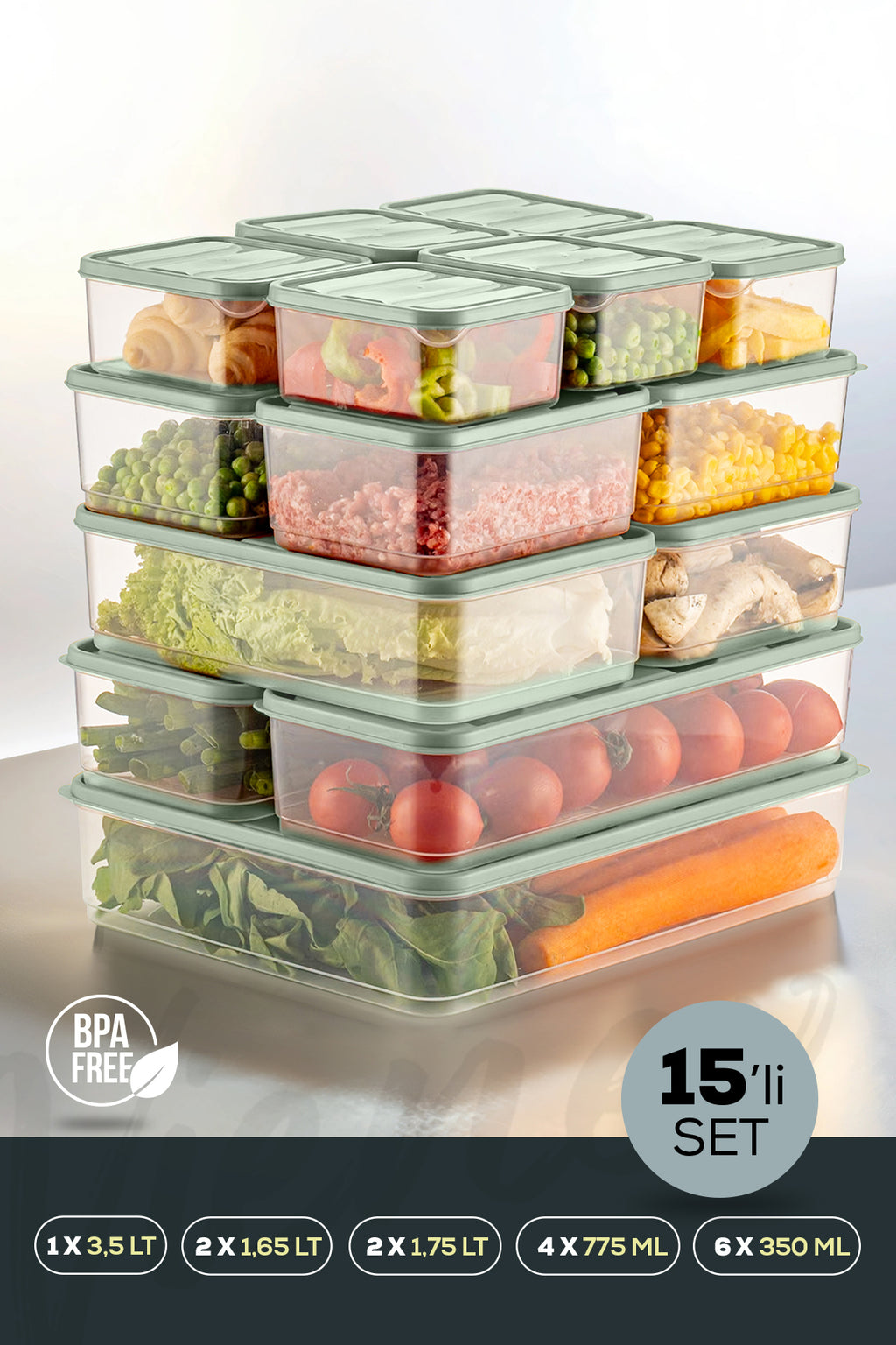 15'li Buzdolabı Düzenleyici Organizer Mikrodalgaya Uygun Difriz Saklama Kabı Mint