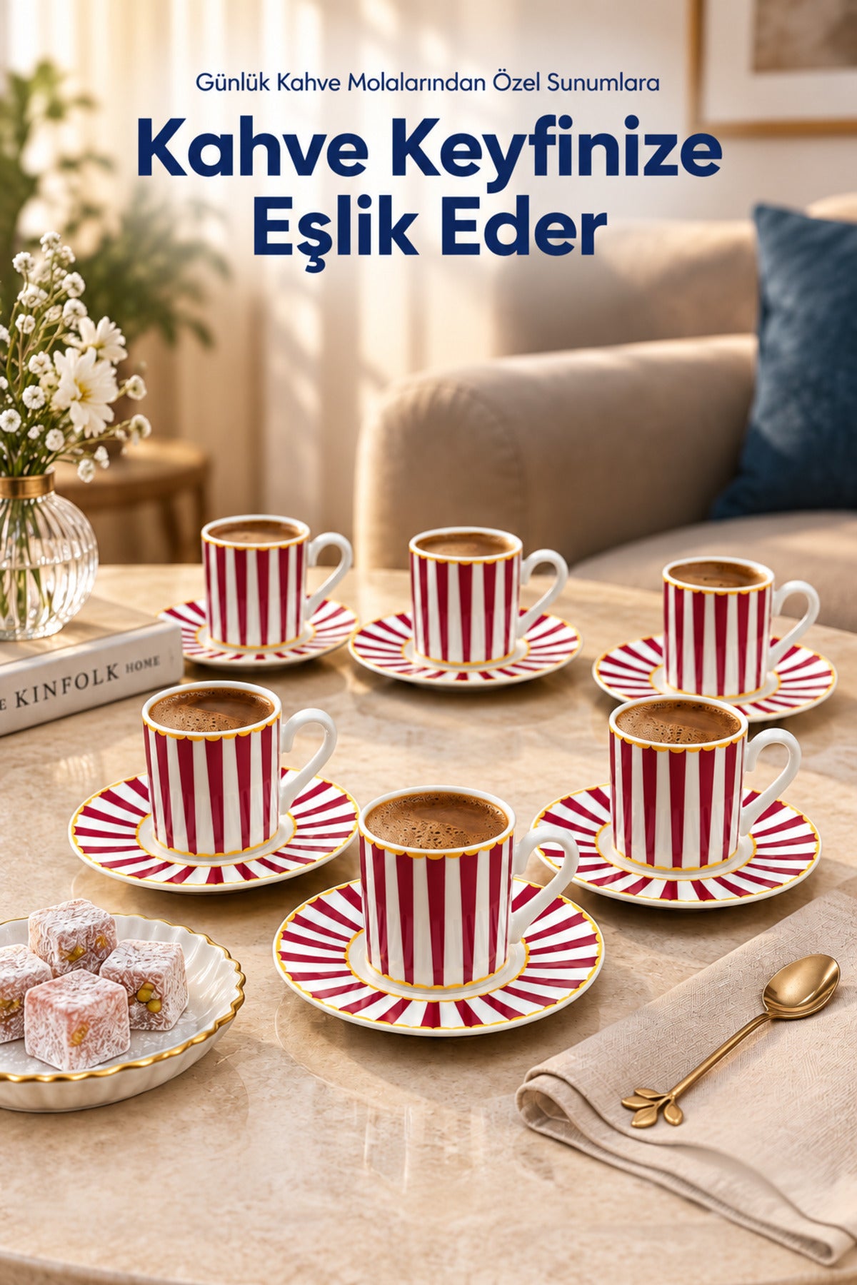 6 Kişilik Pembe Çizgili Porselen Kahve Fincanı Takımı 12 Parça Altın Yaldız Detaylı Şık Sunum Seti
