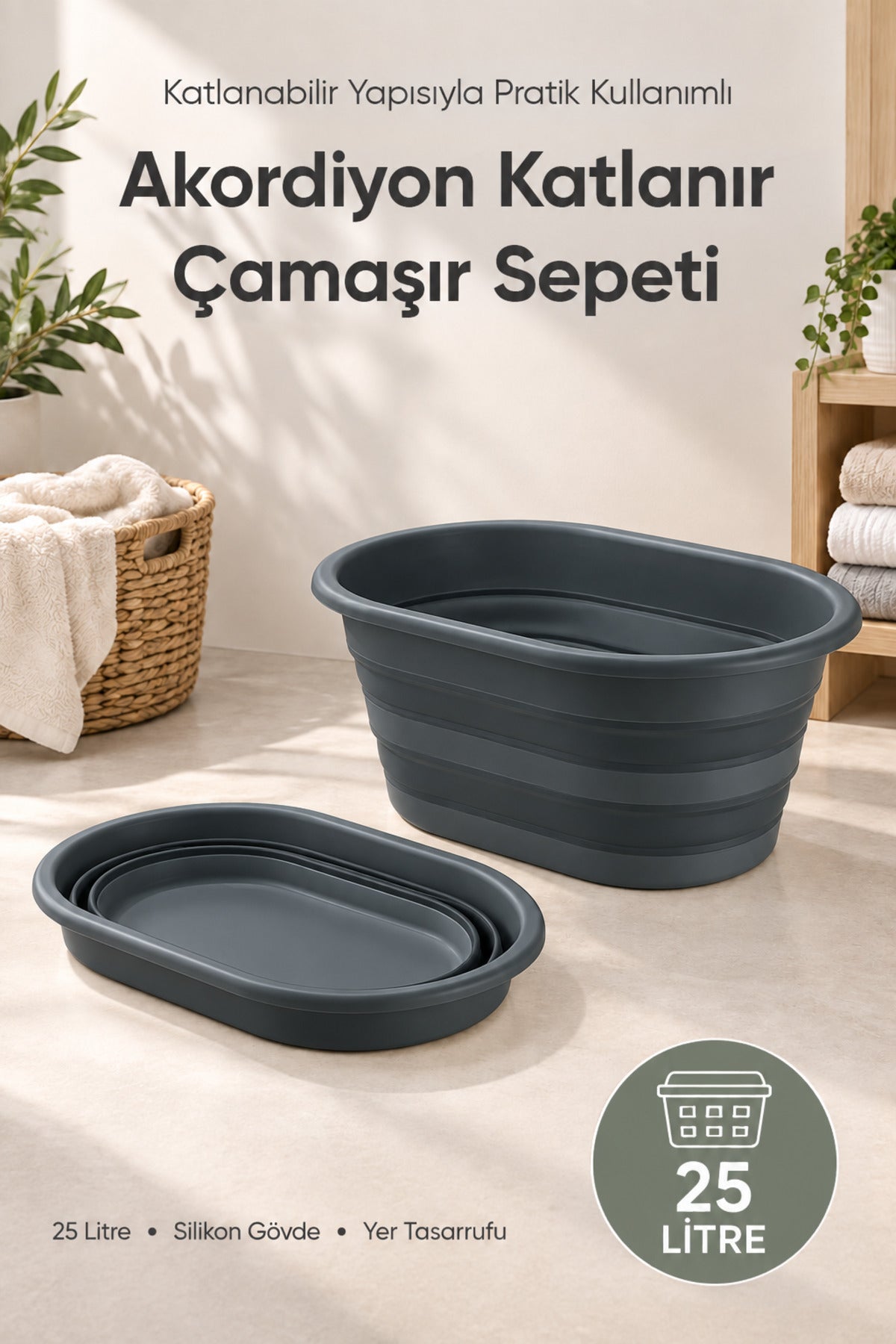 25 Litre Antrasit Katlanabilir Çamaşır Sepeti 54,5x38 cm Geniş Hacimli Pratik Ev Tipi Sepet