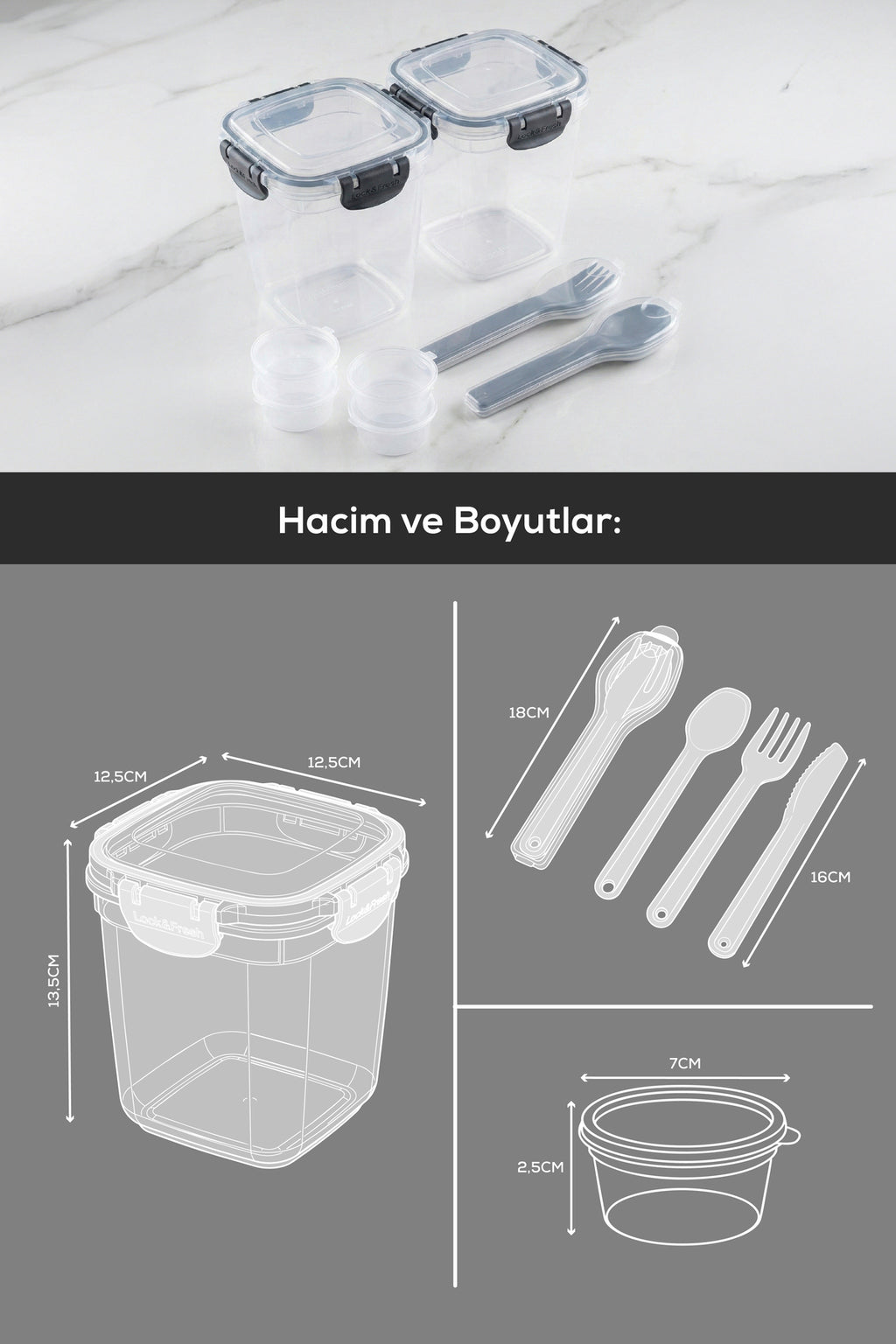 2'li Kilitli Kapak 1075ml Yemek Saklama Kabı - 4 Sosluk ve 2 Kaşık Setli Pratik Öğün Kabı