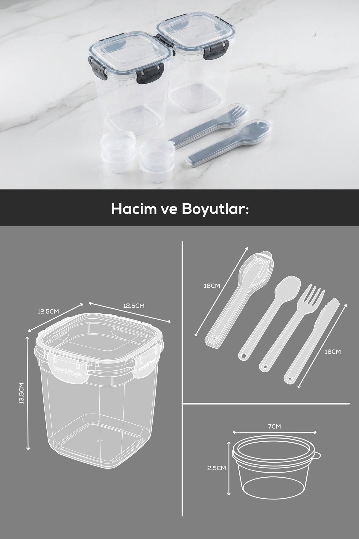 2'li Kilitli Kapak 1075ml Yemek Saklama Kabı - 4 Sosluk ve 2 Kaşık Setli Pratik Öğün Kabı
