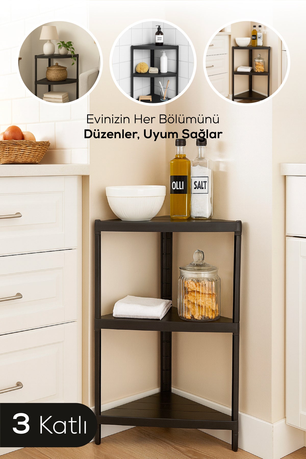 Köşe Tipi 3 Katlı Çok Amaçlı Mutfak ve Banyo Rafı Siyah