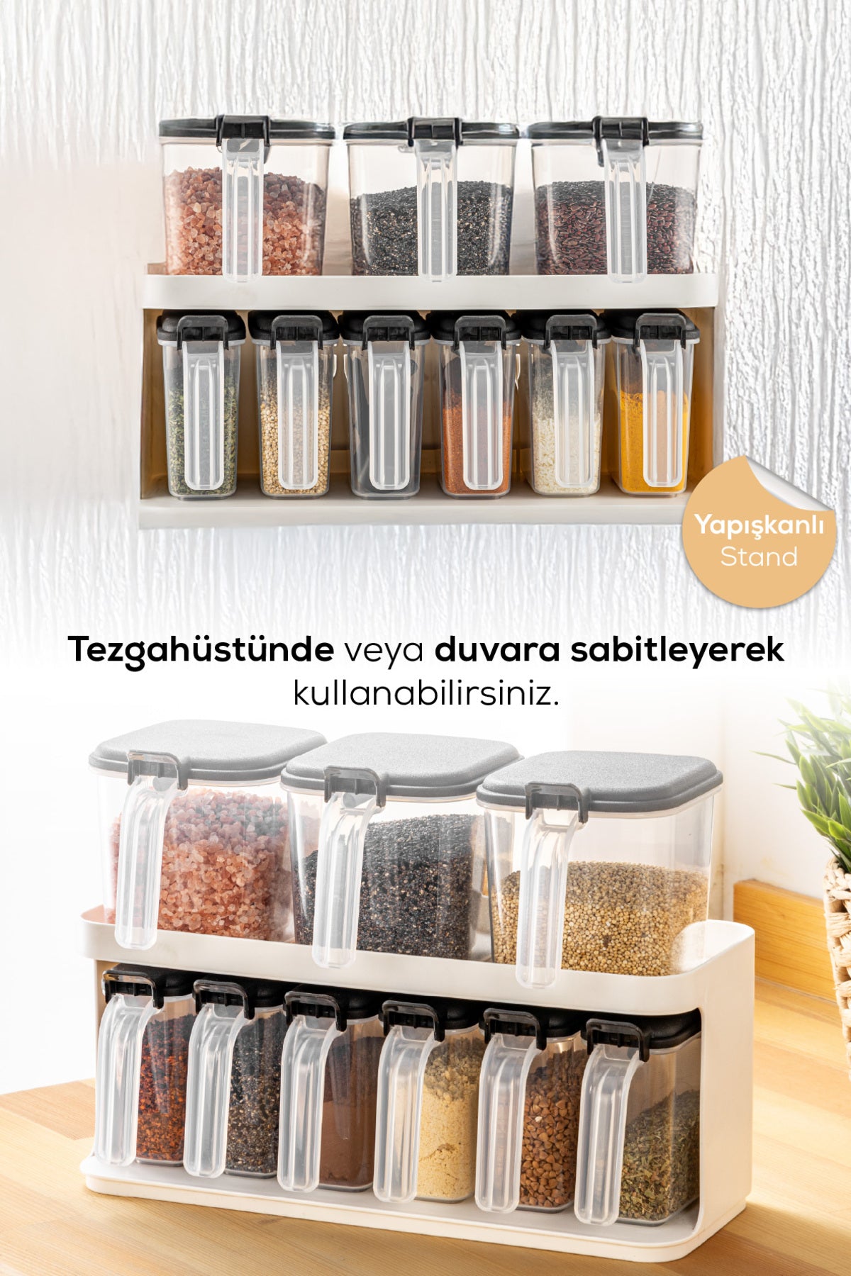 9'lu Beyaz Standlı Kaşıklı Etiketli Kendinden Yapışkanlı Baharatlık Seti Beyaz
