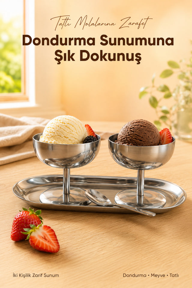 Gümüş Metal Dondurmalık Seti Kısa Kaseli · 3'lü