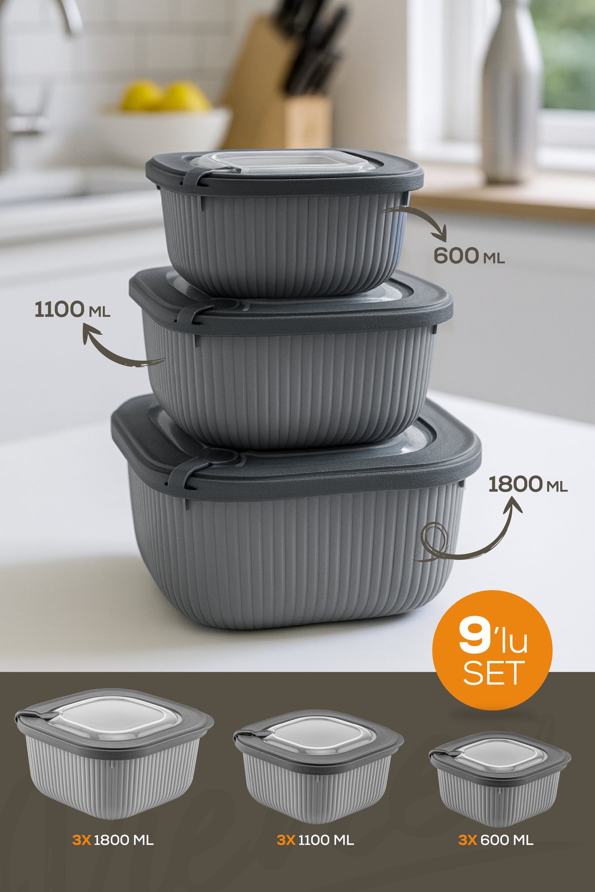 9'lu 3x(600-1100-1800 ML) Mikrodalga Ve Difrize Uygun Vip Kapaklı Özel Saklama Kabı Seti Antrasit