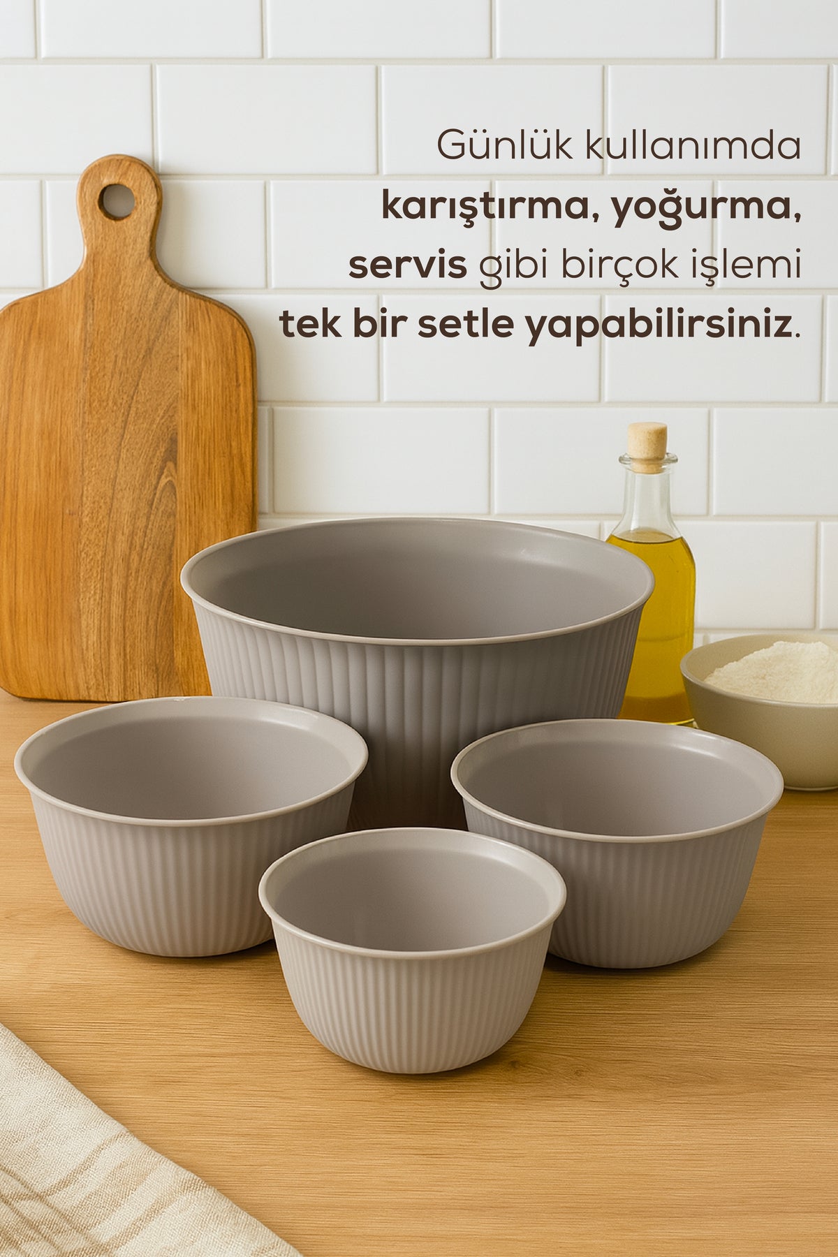 4'lü Mega Boy Plastik Karıştırma ve Saklama Kase Seti | 1L, 2L, 3L, 5L Bej