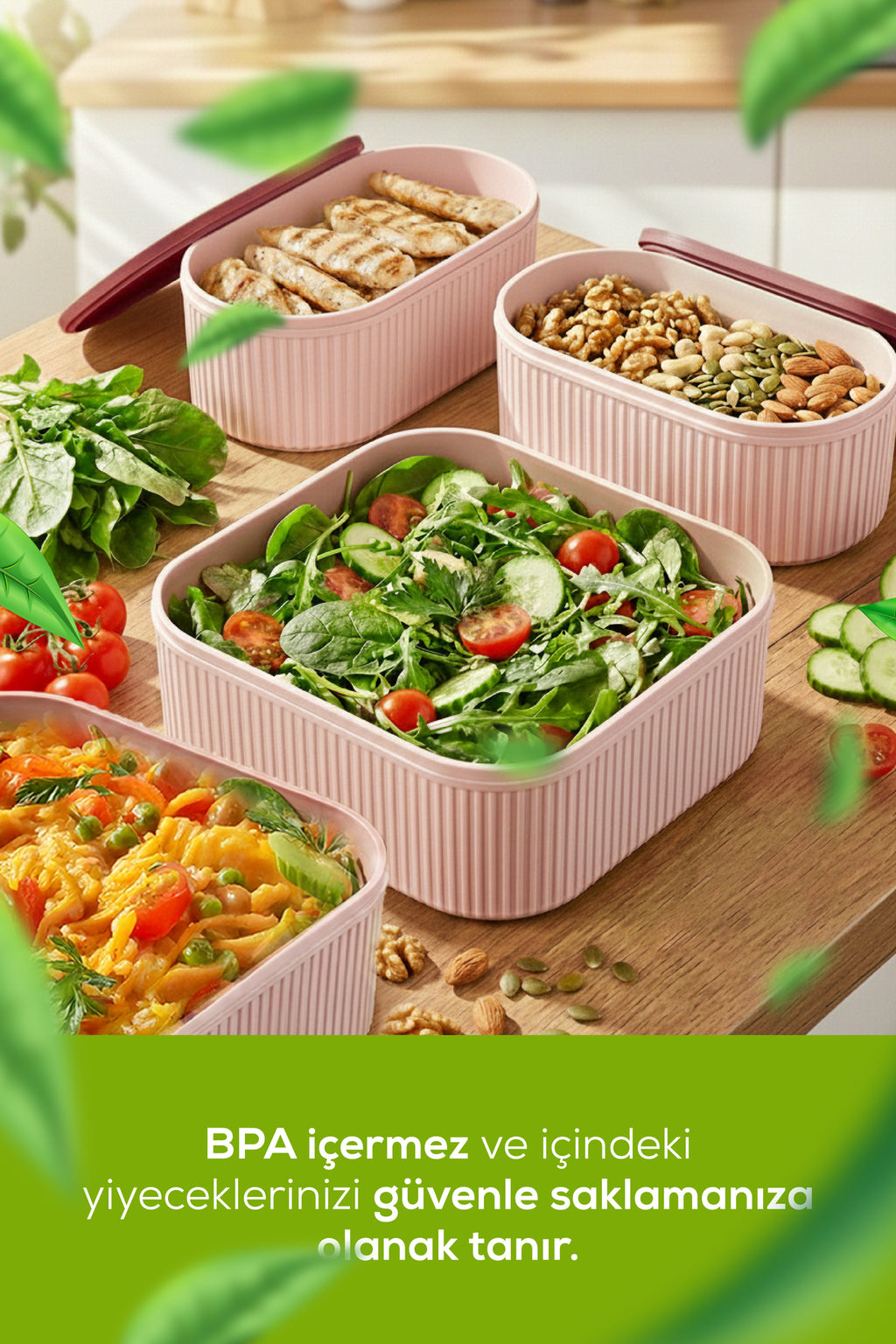 4'lü Elastik Bantlı İstiflenebilir Pratik Saklama Kabı Seti 2x(1100 ml) 2x(2400 ml) Pembe