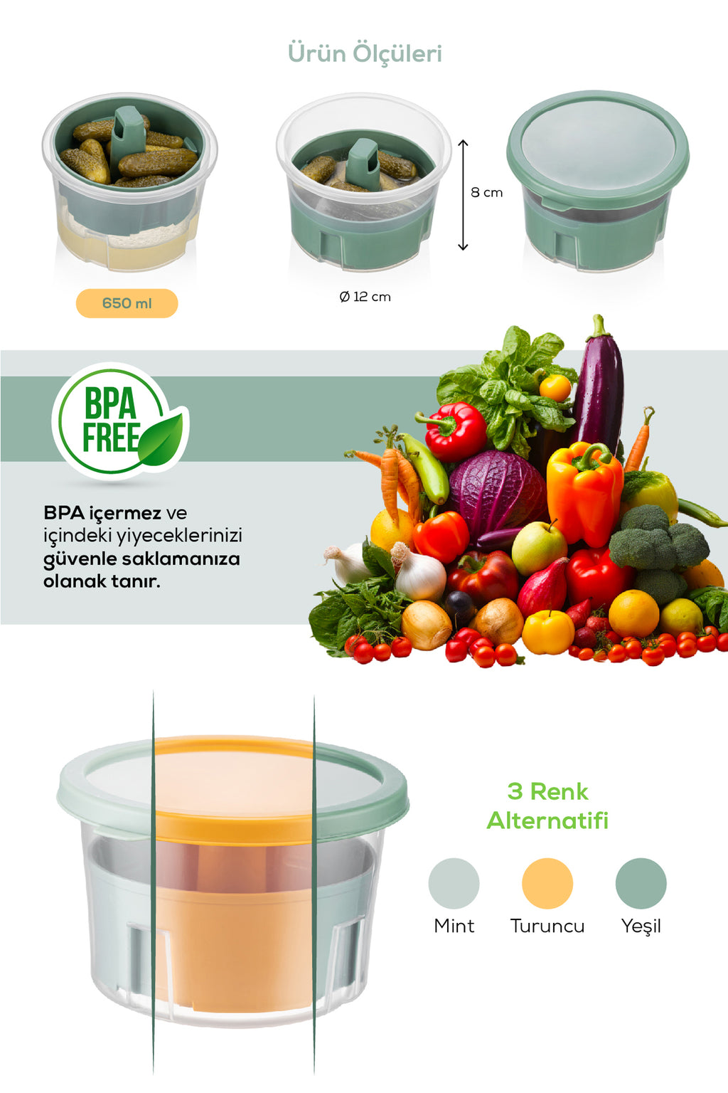 Sunumluk Zeytin Turşu Peynir Çok Amaçlı Süzgeçli Saklama Kabı Mint