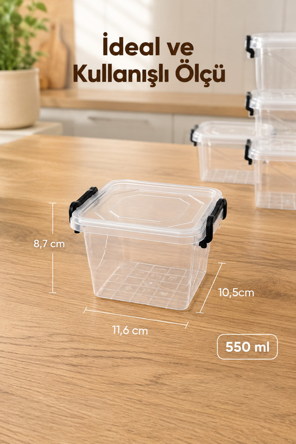 12'li Kilitli Kapak Saklama Kabı Seti 550 ml Şeffaf Kare Mikrodalga Uyumlu Saklama Kutusu