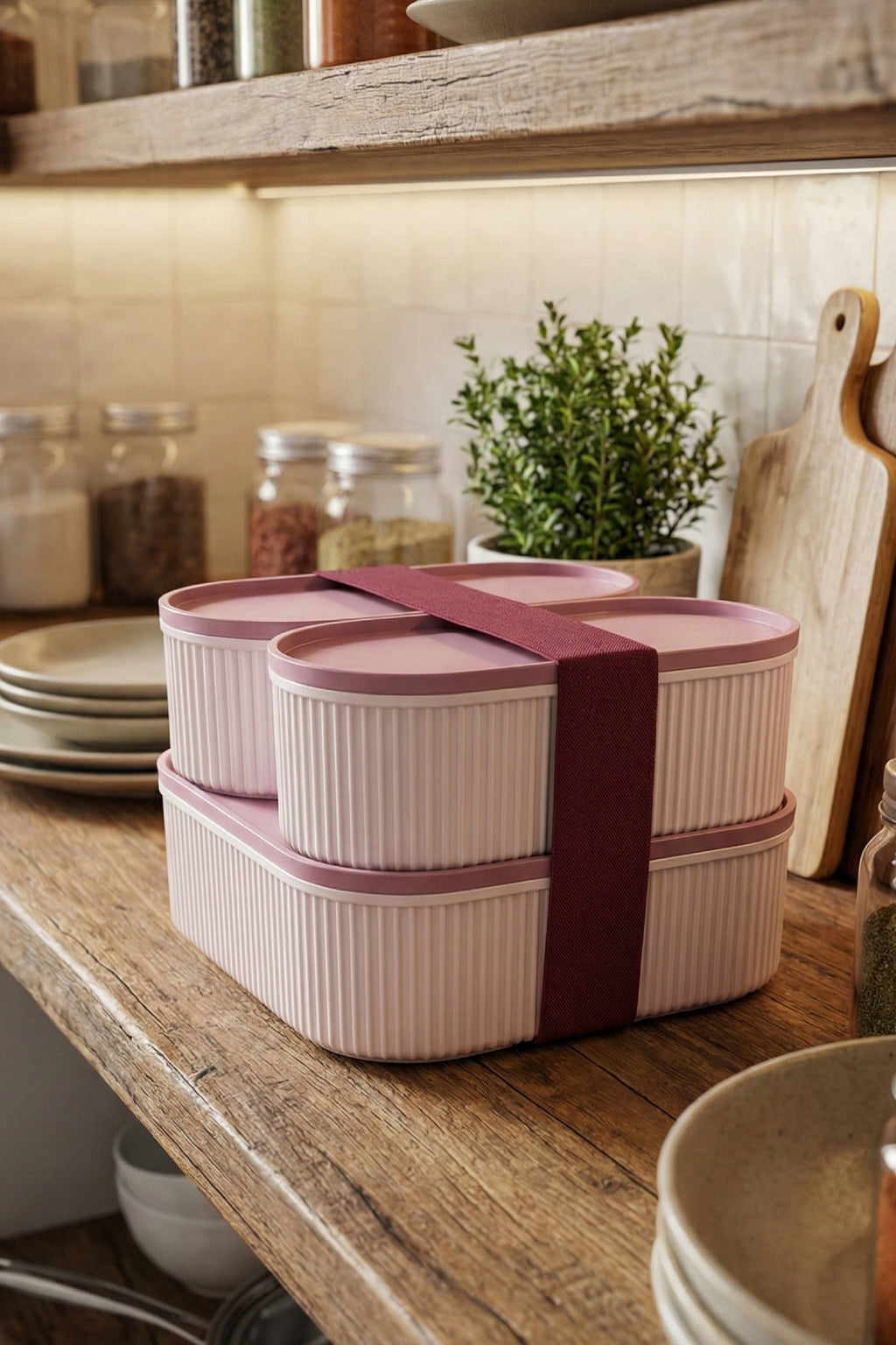 3'lü Elastik Bantlı İstiflenebilir Pratik Saklama Kabı Seti 2x(1100 ml) 1x(2600 ml) Pembe