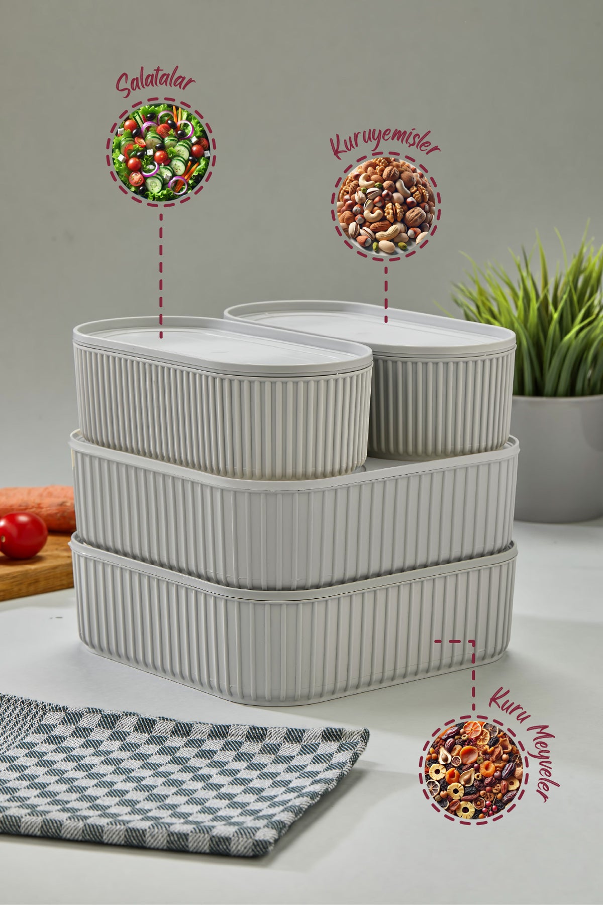 4'lü Elastik Bantlı İstiflenebilir Pratik Saklama Kabı Seti 2x(1100 ml) 2x(2400 ml) Gri