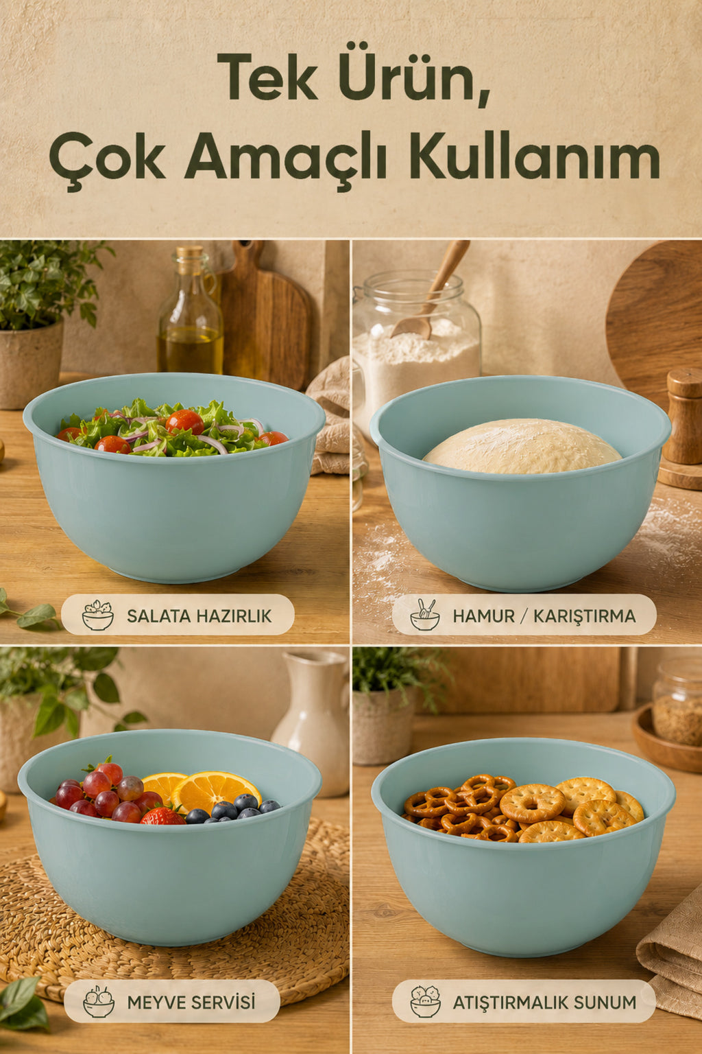 8'li Karıştırma Ve Hazırlama Kasesi Seti Mint - 1L 1.5L 2.3L 3.3L