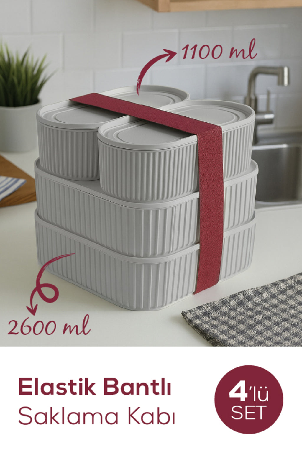 4'lü Elastik Bantlı İstiflenebilir Pratik Saklama Kabı Seti 2x(1100 ml) 2x(2400 ml) Gri