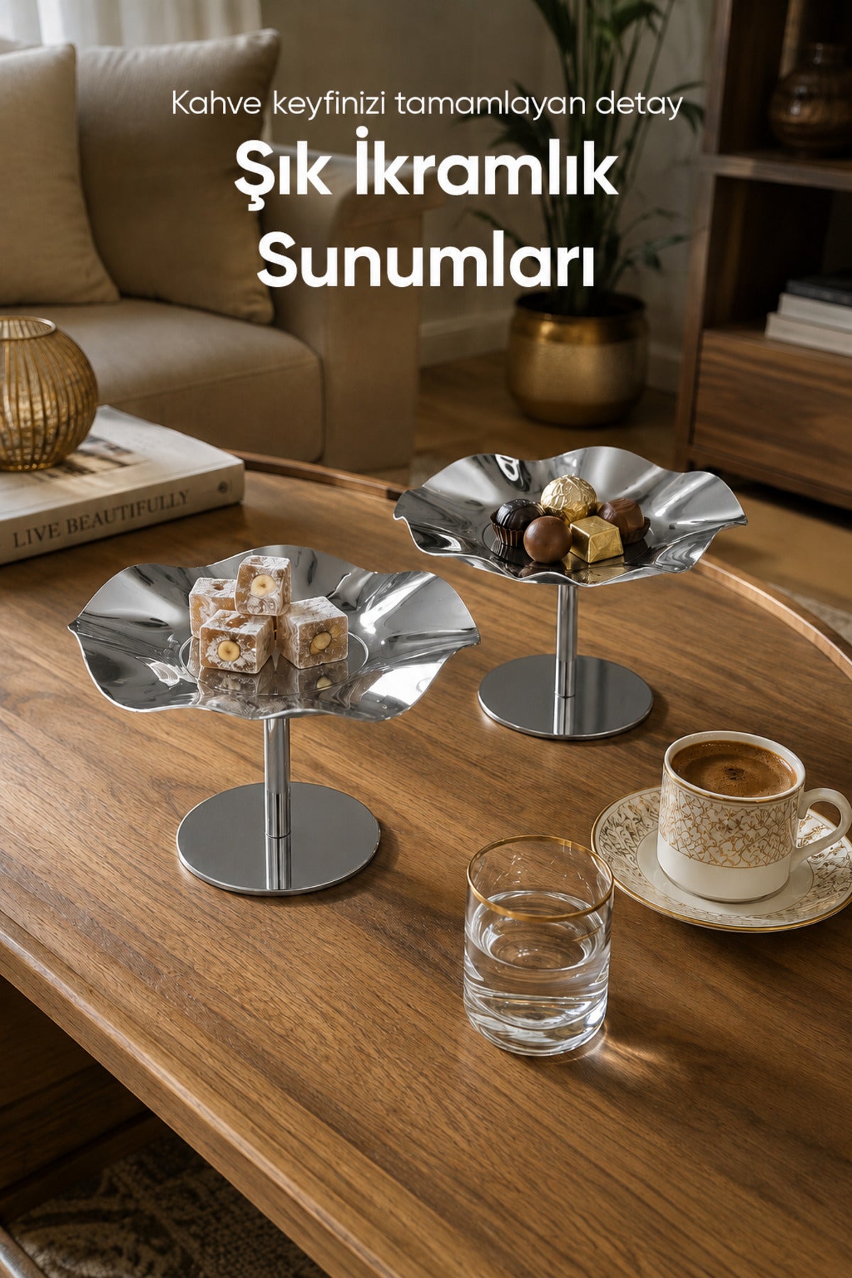 2'li Gümüş Renk Dalgalı Metal Sunum Standı - Şık ve Dekoratif İkramlık Standı