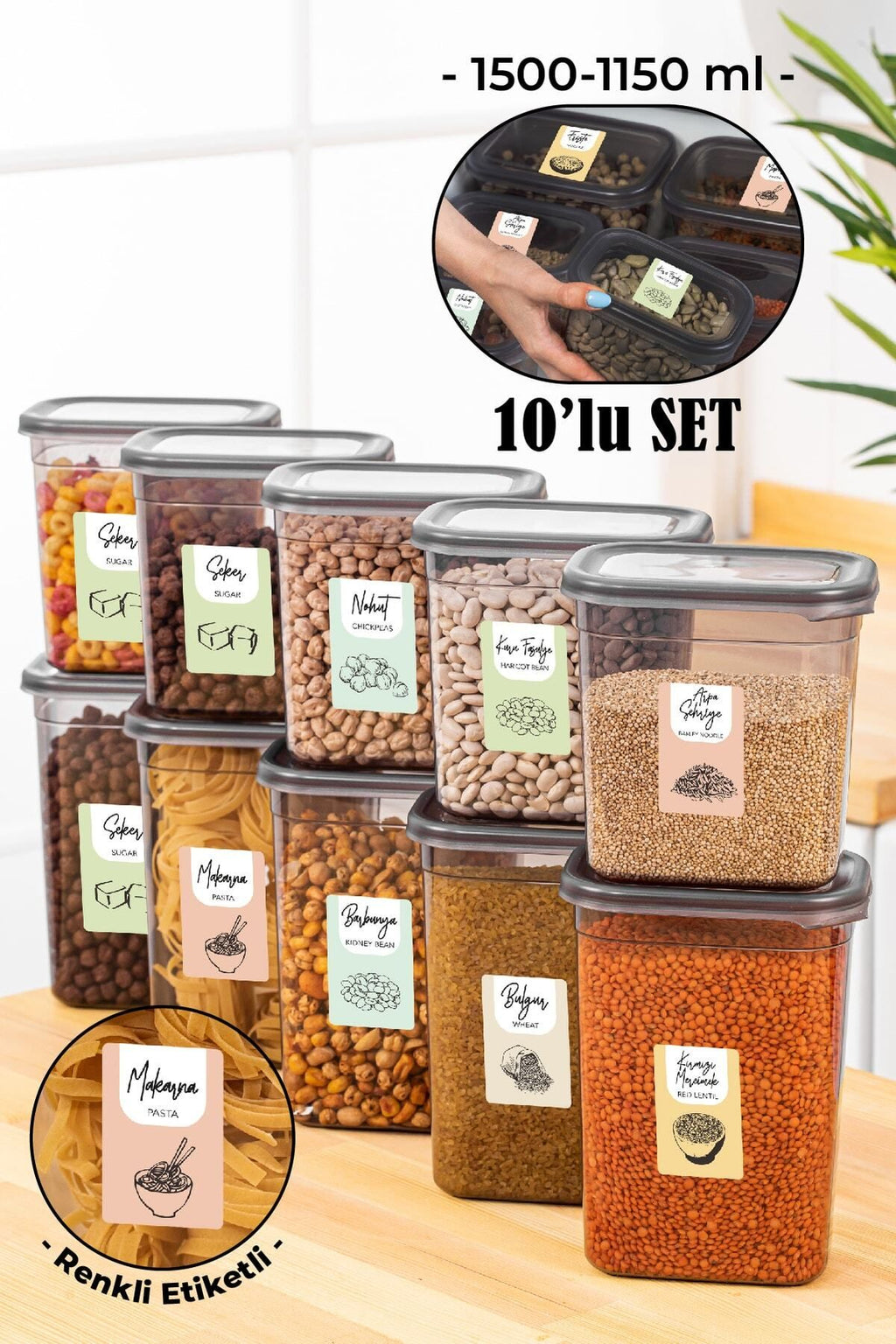 Renkli Etiketli 10lu Peggy Dikdörtgen Saklama Kabı Seti 5x(1500-1150 Ml) Antrasit