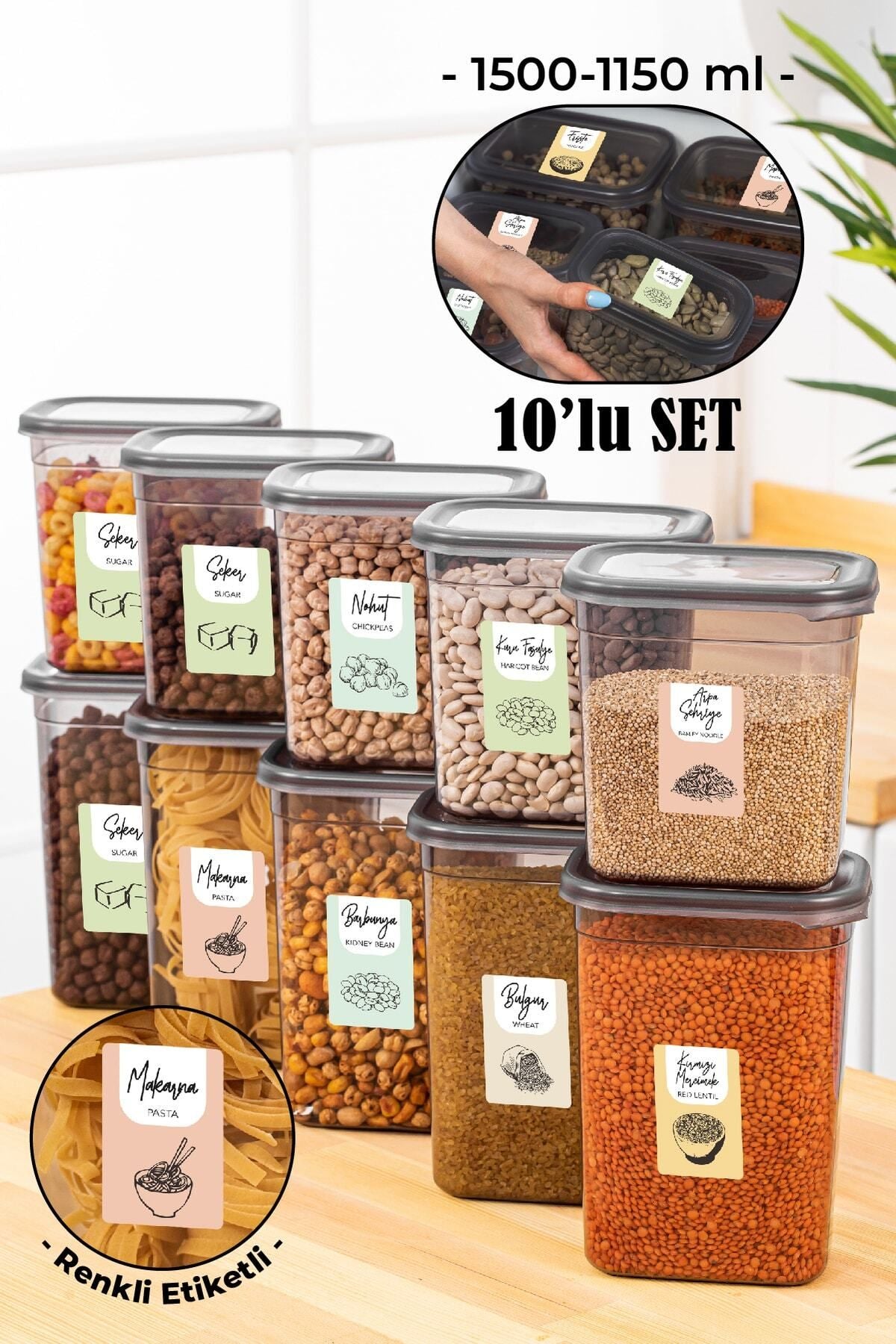 Renkli Etiketli 10lu Peggy Dikdörtgen Saklama Kabı Seti 5x(1500-1150 Ml) Antrasit
