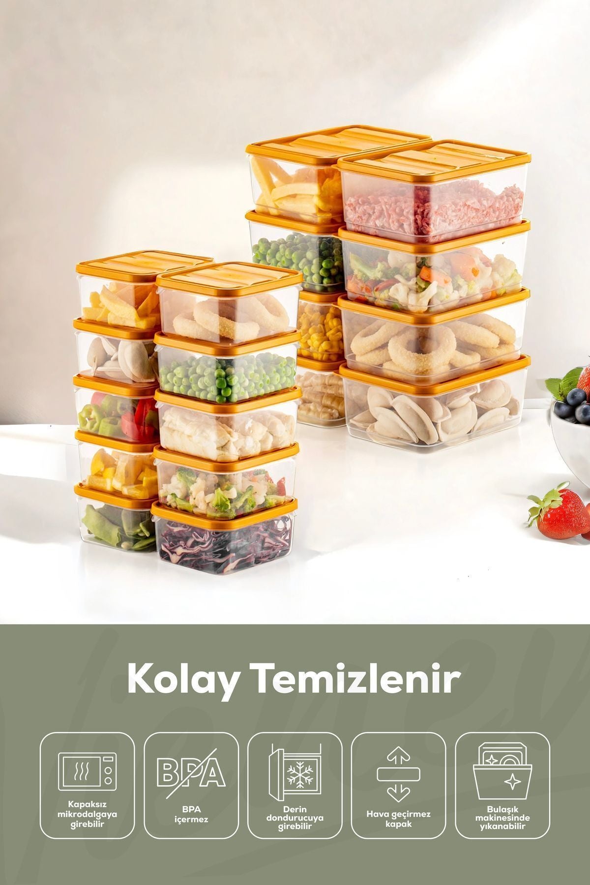 18'li Buzdolabı Düzenleyici Organizer Mikrodalgaya Uygun Difriz Saklama Kabı Turuncu