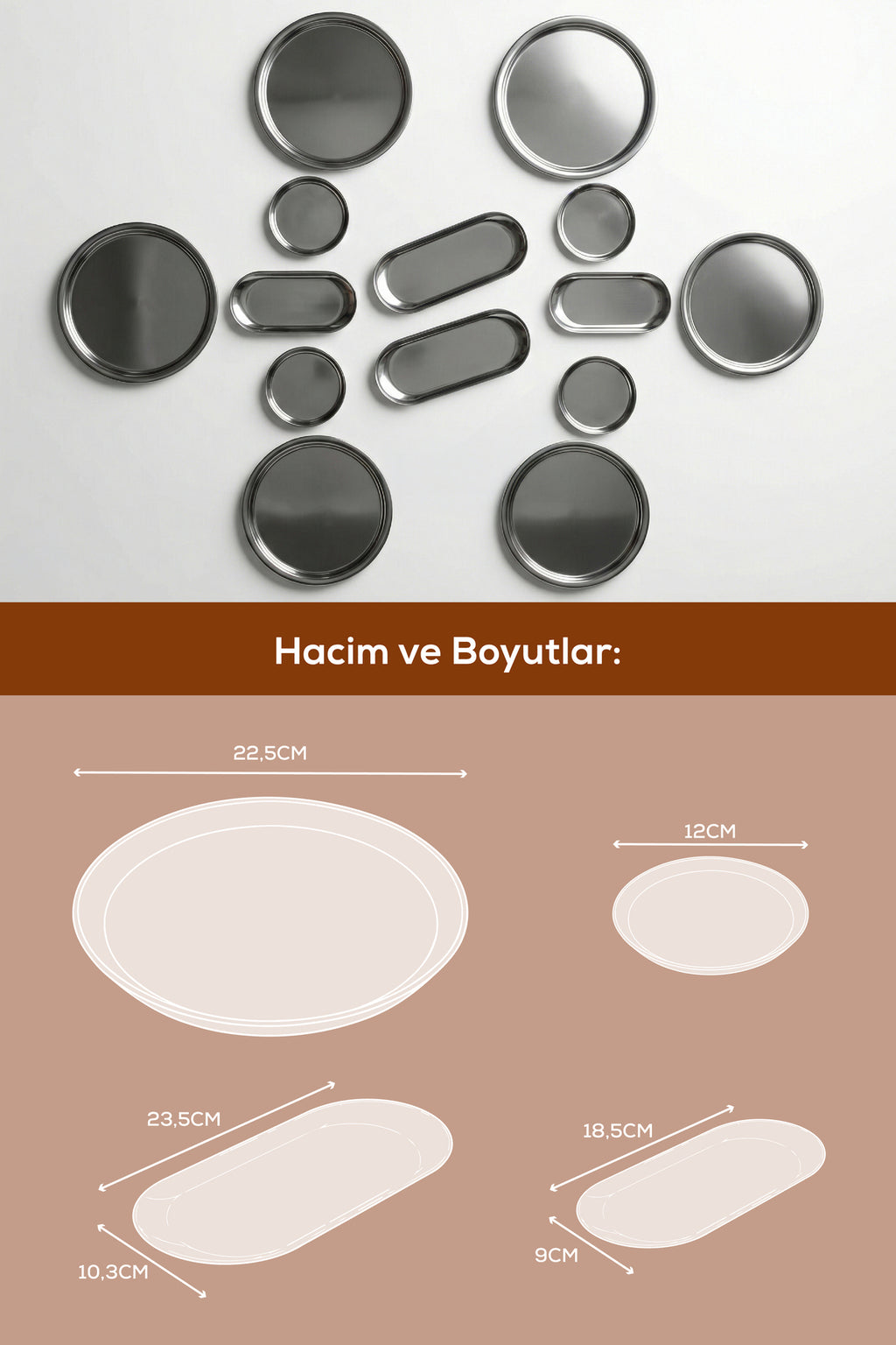 14 Parça 6 Kişilik Geleneksel Metal Kahvaltılık ve Sunum Seti Yuvarlak ve Kayık Tabak Takımı